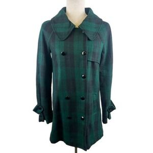 Kling Green Blackwatch Plaid Double Breasted Pea Coat Jacket Women's Size 2